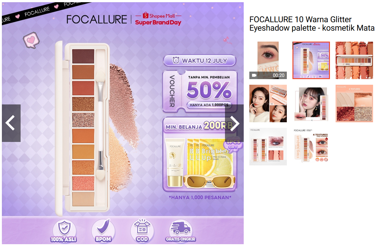 FOCALLURE 10 Warna Glitter Eyeshadow Palette